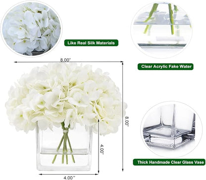 Silk Hydrangea Artificial Flowers in Vase with Faux Water, Silk Flower Arrangements in Vase for Wedding, Dining Table, Living Room (Cream White)