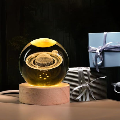 3D Saturn Crystal Ball with LED Stand, 60mm Glass Sphere Decorative Balls Lamp, Space Planet Model Galaxy Night Light Gifts for Women Kids