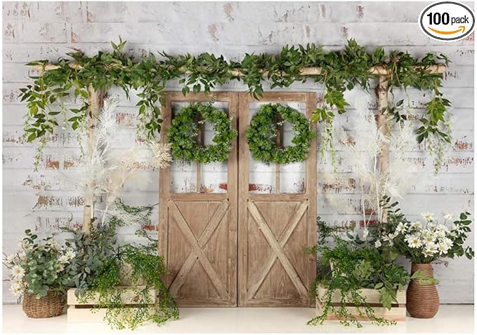 Kate Rustic White Painted Brick Wall Wood Door Photography Backdrops 10x8ft Spring Green Grass and Flowers Photo Backgrounds Baby Shower Backdrop Photoshoot Props