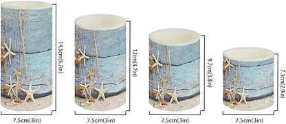 Flickering Flameless Candles 4 Pieces Set, LED Pillar Candles with Timer Battery Operated Tea Lights for Coastal Decor, Beach Starfish with Blue Wood Grain