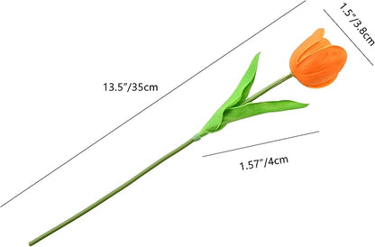 Mandy's Artificial Tulips 12 Stems Orange Partially Open PU Faux Flowers for Wedding Home Decor 13.5 Inch