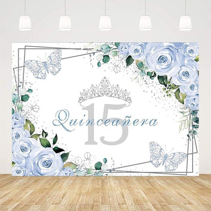 SENDY 7x5ft Quinceañera Backdrop Mis Quince 15 Anos Birthday Party Decoration Supplies for Girl Princess Blue Floral Butterfly Silver Crown Photography Background Banner Photo Booth Studio Props