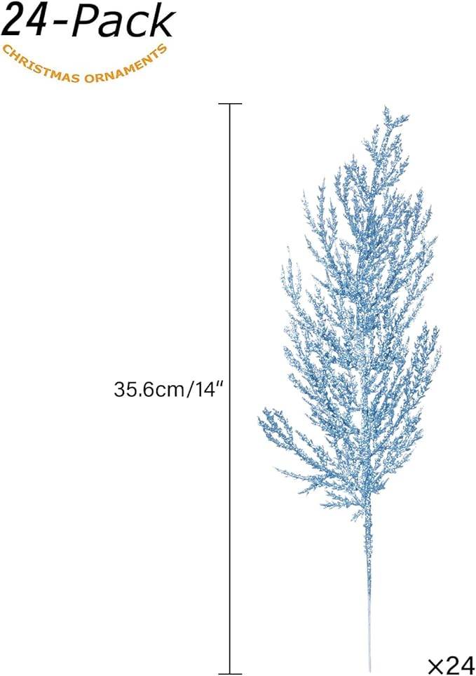 Christmas Glitter Stems 24pcs Artificial Pine Tree Picks for Christmas Tree Ornaments fillers, DIY Xmas Wreath, Crafts, Garland, Holiday, Party, Wedding and Home Decoration (Light Blue)