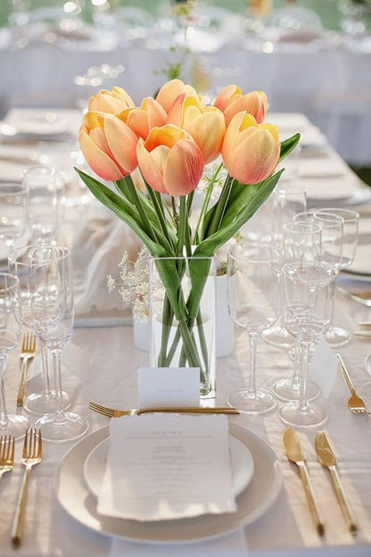 Briful Fake Flowers Artificial Tulip Flower Peach in Clear Vase, Real Touch Foam Tulip Arrangement Suitable for Home Office Decoration, Dining Table Centerpiece