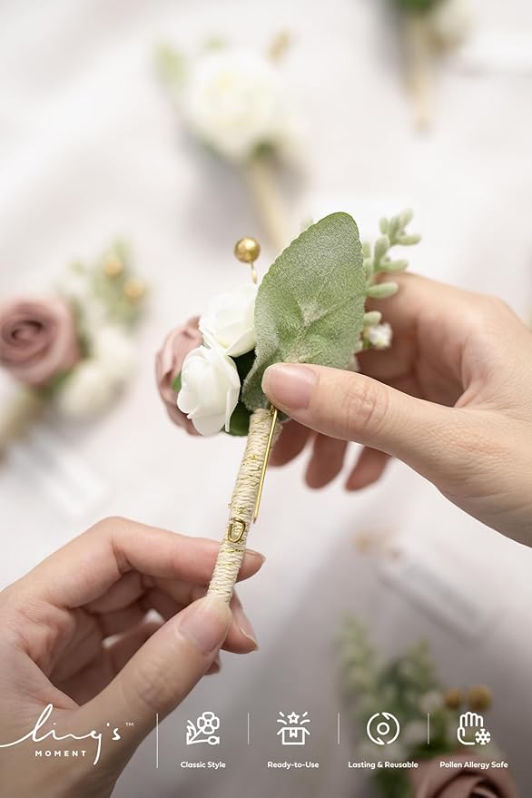 Ling's moment Boutonniere for Men, 6pcs Groom Groomsmen Boutonniere, Artificial Flowers for Wedding Decor/Prom/Homecoming, etc.Pink Dusty Rose