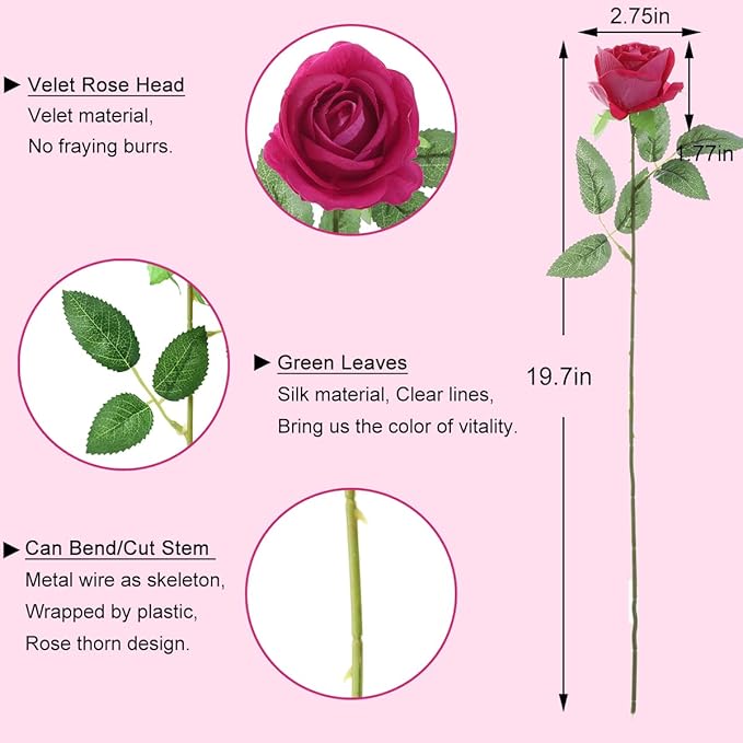 50Pcs Fuchsia Roses Artificial Flowers Fake Roses Faux Velvet Silk Flower for Home Wedding Decoration (Pearl Rose, Fuchsia)