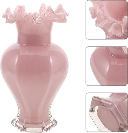 Pearlescent Handblown Glass Vase Wide Mouth Wavy Pattern Artistic Flower Pot Tabletop Glass Bud Vase for Home Dining Living Office Entryway Kitchen Pink Centerpiece Decor