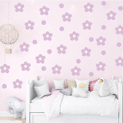 Daisy Flowers Wall Stickers – 180 Pcs Peel & Stick Removable Waterproof Vinyl Floral Wall Art Decals for Bedroom, Nursery & Playroom | A Simple Peel Brings Cheerful Pastel Charm (Soft Purple)