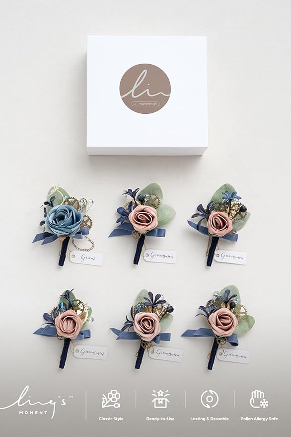 Ling's moment Boutonniere for Men, 6pcs Groom Groomsmen Boutonniere, Artificial Flowers for Wedding Decor/Prom/Homecoming, etc.Navy Blue & Pink