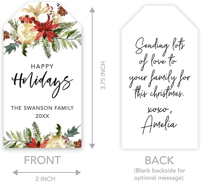 Andaz Press Personalized Classic Gift Tags, Custom Family Name and Year, Christmas Florals Design, Happy Holidays Tags, 60-Pack