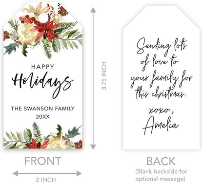 Andaz Press Personalized Classic Gift Tags, Custom Family Name and Year, Christmas Florals Design, Happy Holidays Tags, 60-Pack