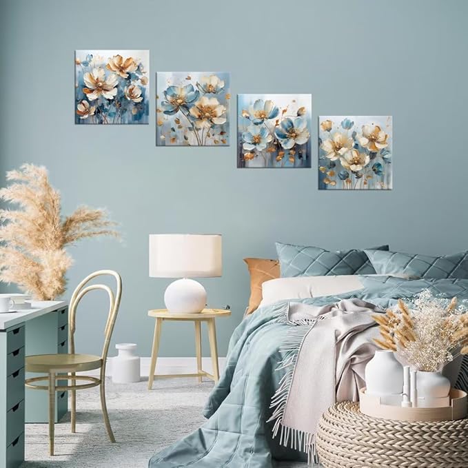 Pankila White Flower Wall Art Floral Pictures Blue and White Canvas Flowers Wall Decor Life Poster for Living Room Bedroom Bathroom Home Decorations Framed Artwork Ready to Hang (12''W x 12''H x 4)