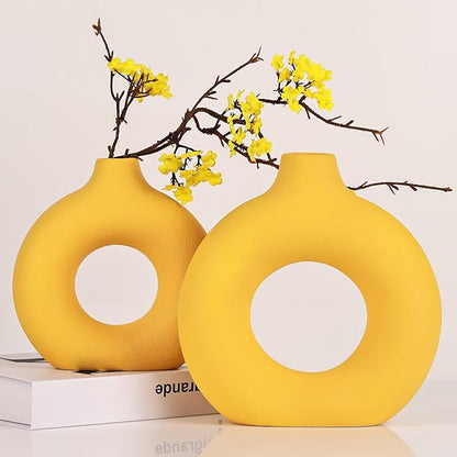 Yellow Vase Decor Donut Vase Set of 2 - Circle Hollow Vases, Modern Matte Ceramic Vases for Entryway Living Room Bedroom Dining Table Centerpiece Office Home Decor