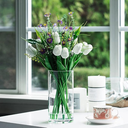 Enova Floral Clear Glass Cylinder Vase 4 x 8 Inches, Clear Flower Vases, Pillar Candle Hurricane Floating Candle Holder Vase, Glass Flower Vase for Wedding Centerpieces, Home Office décor (1 Piece)