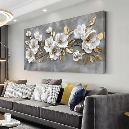 LAVIKARS Modern Gray Flowers Wall Art for Living Room Office White and Golden Floral Landscape Canvas Painting Prints Large Delicate Petals Artwork Kitchen Home Bedroom Decor (28x58 Inches)
