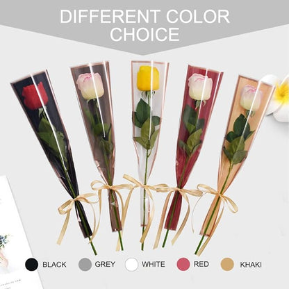 BEISHIDA 50 PCS Single Rose Sleeve Bouquet Bags Plastic Single Flower Wrapping Rose Packaging For Father's Day Graduation Wedding Birthday Valentine's Day Party (White with Champagne Edging)