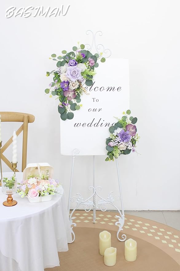 2pcs Wedding Arch Flowers,Wedding Welcome Sign,centerpieces for Tables,Reception Backdrop Table Decorations Welcome Sign (Purple)