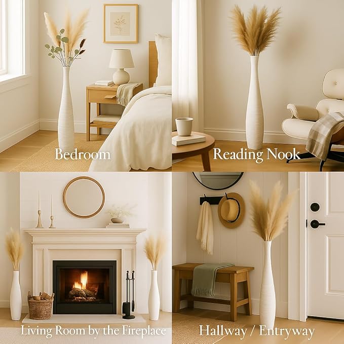 Leewadee Large White Home Decor Floor Vase - Wooden 26 inch Tall Farmhouse Decor Flower Holder for Fake Plant and Pampas Grass