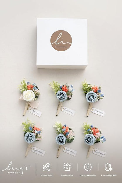 Ling's moment Boutonniere for Men, 6pcs Groom Groomsmen Boutonniere, Artificial Flowers for Wedding Decor/Prom/Homecoming, etc.Dusty Blue Cream