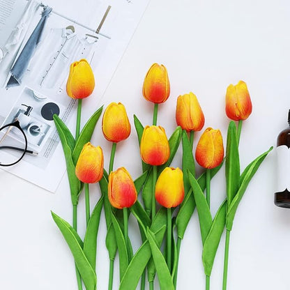 30 Pcs Fake Latex Tulips Artificial Flowers Faux Tulip Stems Real Touch Tulips for Wedding Party Home Decoration (Sunset)
