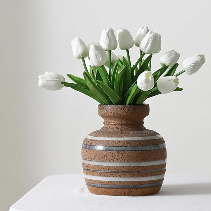 WeTop 30pcs Real Touch Tulips PU Artificial Flowers, Fake Tulips Flowers for Arrangement Wedding Party Easter Spring Home Dining Room Office Decoration. (White, 14" Tall)