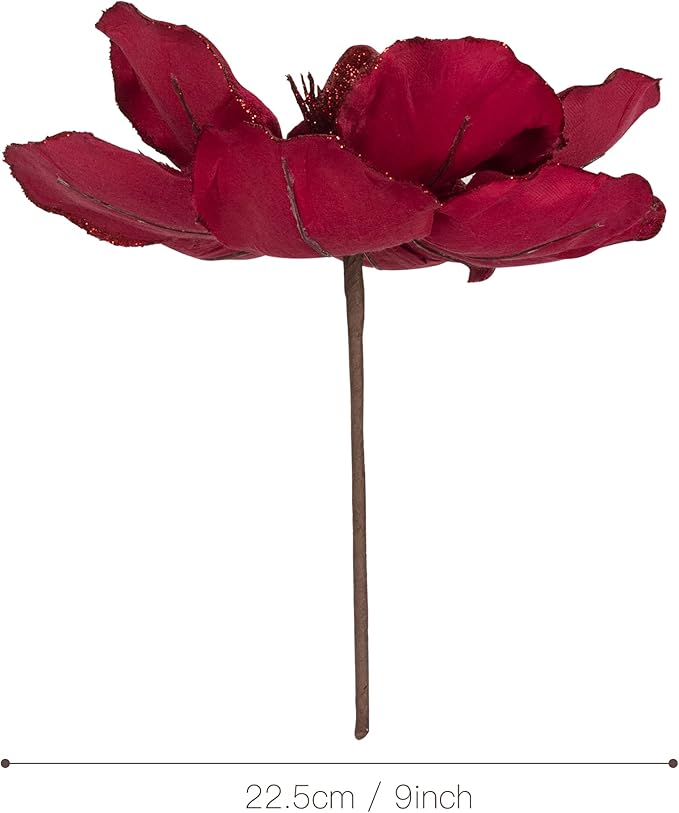 KI Store Velvet Christmas Poinsettia Burgundy Artificial Magnolia Flower Ornaments Floral Picks Stems for Christmas Tree Decorations Pack of 6 for Xmas Tree Wedding Centerpiece