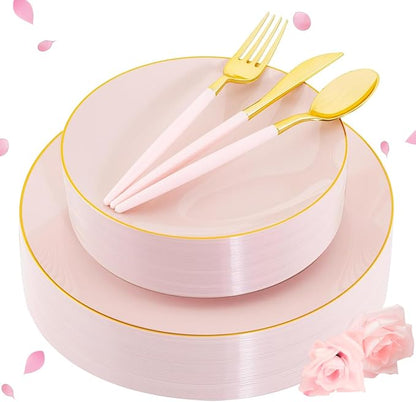 Liacere 150PCS Plastic Plates-Gold Plastic Silverware with Pink Handle - Pink Disposable Plates Include 30 Guests Plates, Forks, Spoons, Knives for Wedding＆Easter Day＆Mother's Day＆Valentine's Day