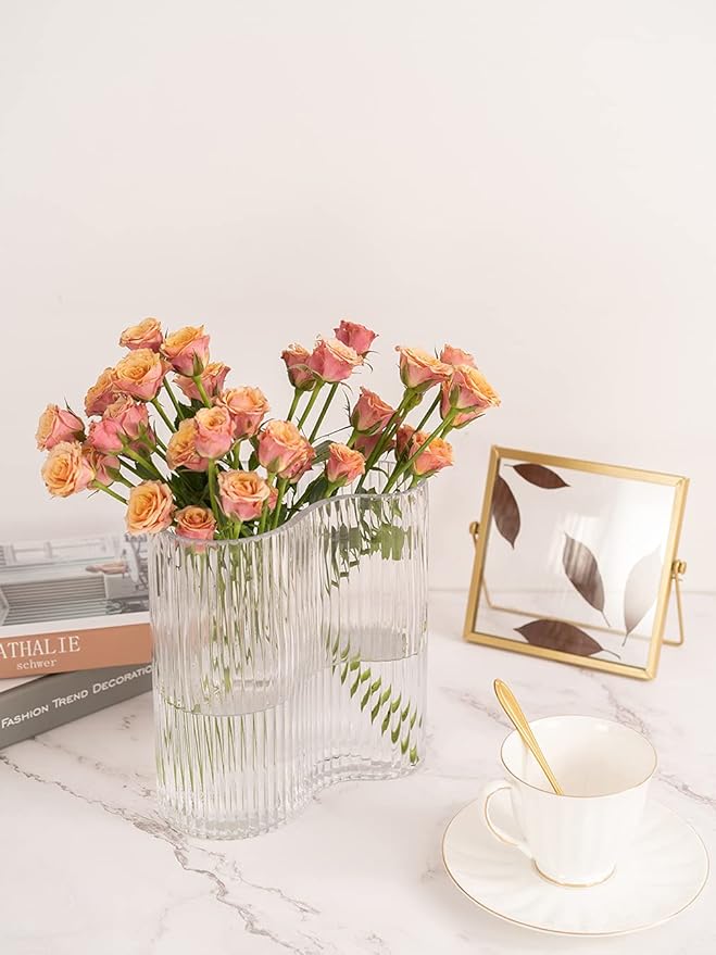Glass Vase for Centerpieces,Modern Large Vase for Flowers,Footprint Shape Striped Bottle for Home,Office Restaurant Desk Decor 8.3 Inch (Clear)