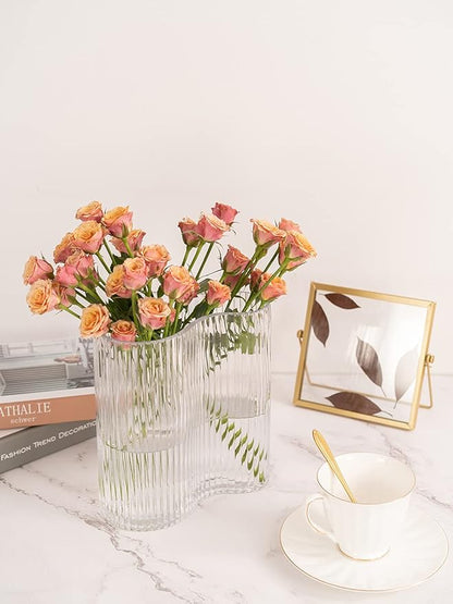 Glass Vase for Centerpieces,Modern Large Vase for Flowers,Footprint Shape Striped Bottle for Home,Office Restaurant Desk Decor 8.3 Inch (Clear)