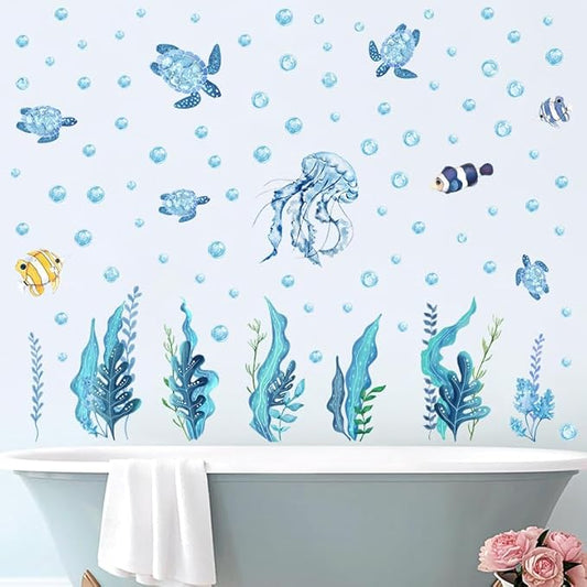 94 PCS of Marine Ecological Wall Decals,Under The Sea Bathroom Decor Wall Decals,Sea Turtles,Jellyfish,Clownfish, and Aquatic Plants Create an Underwater World Atmosphere,for Children's Rooms