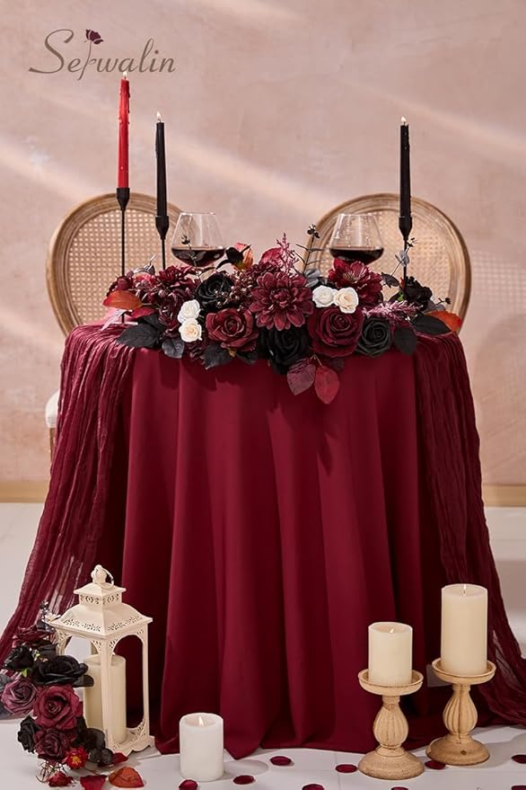 Serwalin Artificial Burgundy Black Flowers, Red Roses Silk Flowers for DIY Wedding Bridal Bouquets, Fake Halloween Black Flowers for Table Centerpieces Baby Shower Birthday Party Home Decorations