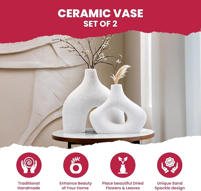 White Ceramic Vase Set of 2, Boho Vase for Home Decor, Minimalist Decor for Pampas Grass, Modern Nordic Centerpieces for Living Room, Bookshelf, Console Table, and Spring Decor