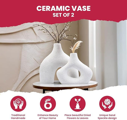 White Ceramic Vase Set of 2, Boho Vase for Home Decor, Minimalist Decor for Pampas Grass, Modern Nordic Centerpieces for Living Room, Bookshelf, Console Table, and Spring Decor