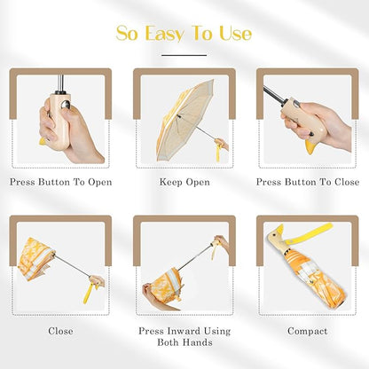 Cute Duck Umbrella Automatic - Compact Pretty Pocket Size Strong Duck Collapsible Umbrella Yellow Wooden Handle for Women