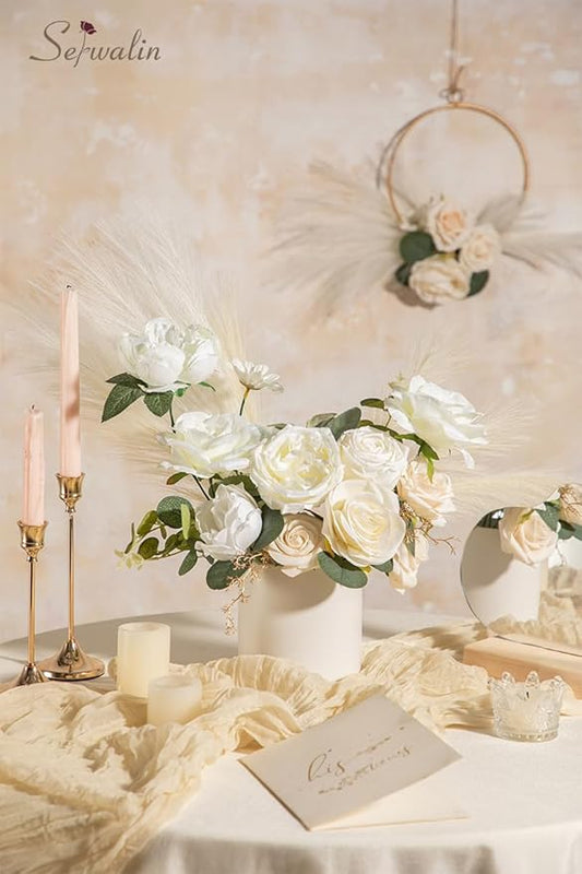 Serwalin Artificial White Flowers for Wedding, Silk Flowers Cake Decoration, Fake Flowers for Centerpieces Bouquets White Roses Peonies, Bridal Shower DIY Christmas