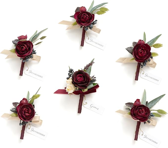 Ling's moment Boutonniere for Men, 6pcs Groom Groomsmen Boutonniere, Artificial Flowers for Wedding Decor/Prom/Homecoming, etc.Black Baccara Burgundy
