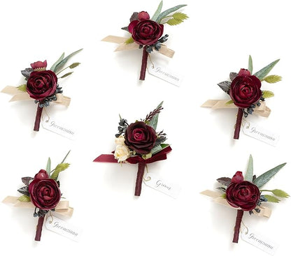 Ling's moment Boutonniere for Men, 6pcs Groom Groomsmen Boutonniere, Artificial Flowers for Wedding Decor/Prom/Homecoming, etc.Black Baccara Burgundy