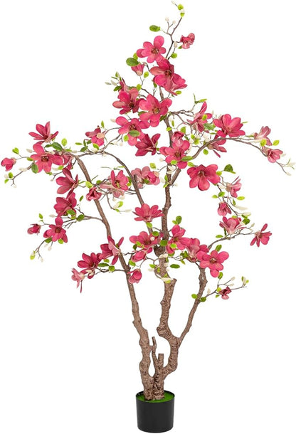 Faux Magnolia Tree 6.8 ft - with 57 Pcs Fuchsia Flowers - Tall Artificial Plants Indoor, Large Fake Plant Perfect Potted Magnolia Flower Decor for Living Room, Stairs, Shop, Porch, Study Room