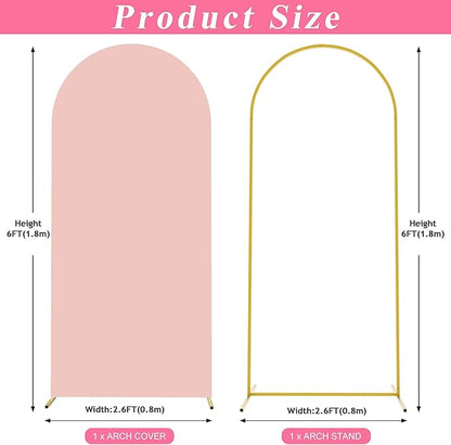 Putros 6ft Metal Arch Stand with Cover Pale Pink Spandex Fitted Wedding Arch Cover and Round Top Chiara Backdrop Stand Set for Birthday Party Baby Shower Decoration