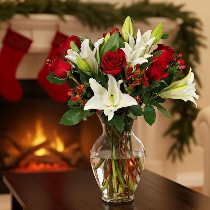 Benchmark Bouquets - Red Elegance (Glass Vase Included) - Fresh Flowers for Next Day Delivery - Gift for Christmas, Birthday, Anniversary, Sympathy, Get Well, Congratulations
