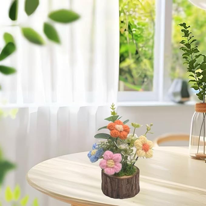 Handmade Crochet Knitted Puff Flowers Bouquet Creative Knitted Potted Plant Mini Cute Home Desktop Decorations and Gifts for Friends, Lovers, Classmates