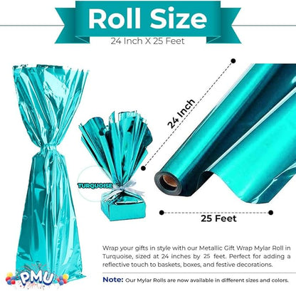 PMU (2 Gift Wrap Mylar Roll Metallic Turquoise 2-sided, 24 Inches X 25 Ft Roll 1.4 Mil Highly Reflective Mylar Film, Great for Gifts, Birthdays, Christmas, Baskets, Arts & Crafts