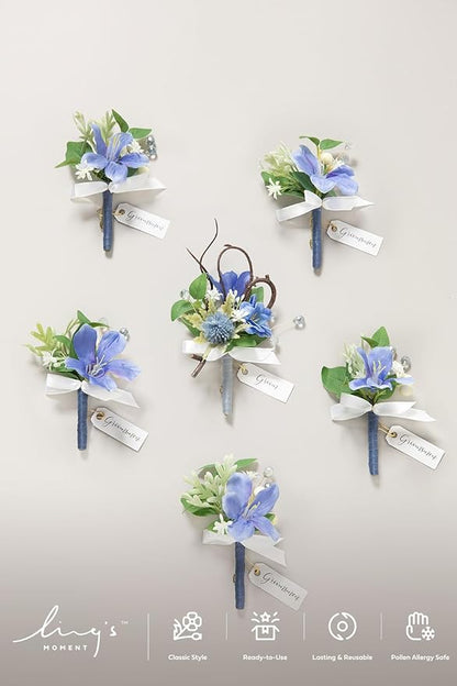 Ling's moment Boutonniere for Men, 6pcs Groom Groomsmen Boutonniere, Artificial Flowers for Wedding Decor/Prom/Homecoming, etc.Provence Blue Berry