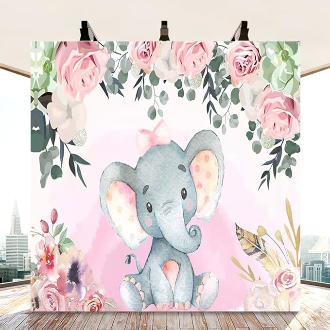 AOFOTO 10x10ft Pink Flowers Elephant Baby Shower Backdrop for Girl Sweet Floral Gender Reveal Background for Photography Kids Infant Birthday Party Banner Cake Table Decoration Photo Studio Props