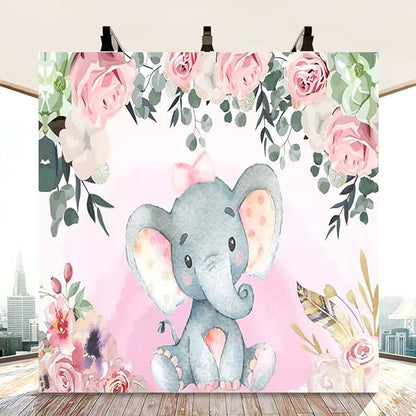 AOFOTO 10x10ft Pink Flowers Elephant Baby Shower Backdrop for Girl Sweet Floral Gender Reveal Background for Photography Kids Infant Birthday Party Banner Cake Table Decoration Photo Studio Props