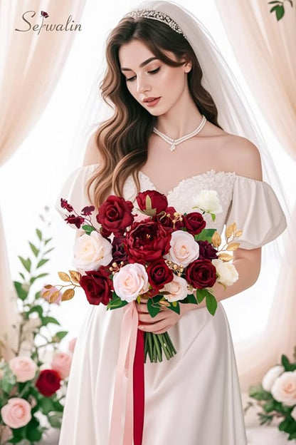 Serwalin Artificial Flowers Silk Fake Flowers Roses for DIY Wedding Bouquets Centerpieces Arrangements Party Bridal Baby Shower Home Decorations Cake Flowers (Burgundy & Pink)