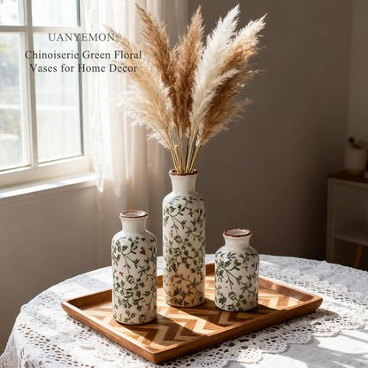 Ceramic Vase Set of 3 - Modern Chinoiserie Green Floral Decorative Vases for Home Decor, Rustic Farmhouse Boho Vases for Living Room, Mantel, Dining Table, Bookshelf, Kitchen or Entryway Decoration
