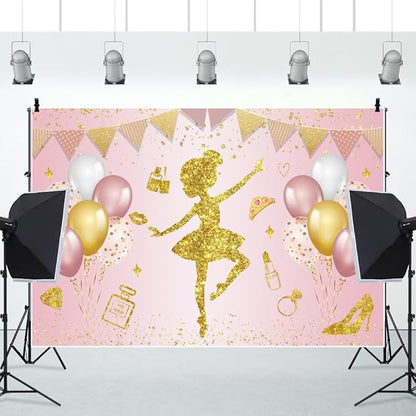 Renaiss 9x6ft Ballerina Princess Backdrop Pink Gold Shiny Elegant Fairy Ballet Dancer Photography Background for Girl Baby Shower Birthday Party Decor Banner Photo Studio Props