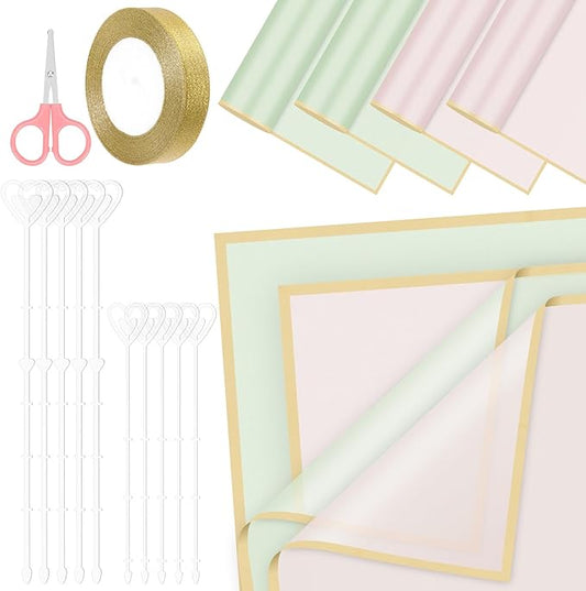 Glarks 52pcs Flower Wrapping Paper Set, Including 40 Sheets Pink and Blue Waterproof Bouquet Wrapping Paper, 10pcs Floral Pick Card Holders, 1 Roll Ribbon and 1pcs Pink Scissors for Flower Shop