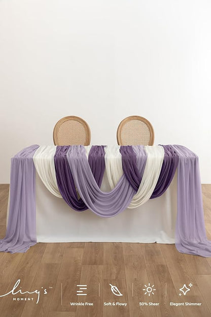 Ling's moment Wedding Arch Draping Fabric 3 Panels 20Ft Purple Chiffon Fabric,Sheer Hanging Drapes Arrangement for Wedding Ceremony Backdrop Party Swag Home Decor (Lilac & Gold)